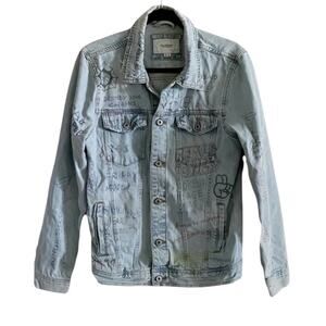 PULL & BEAR graffiti Thrashed grunge denim Blue Jean Jacket Streetwear Sz M 38